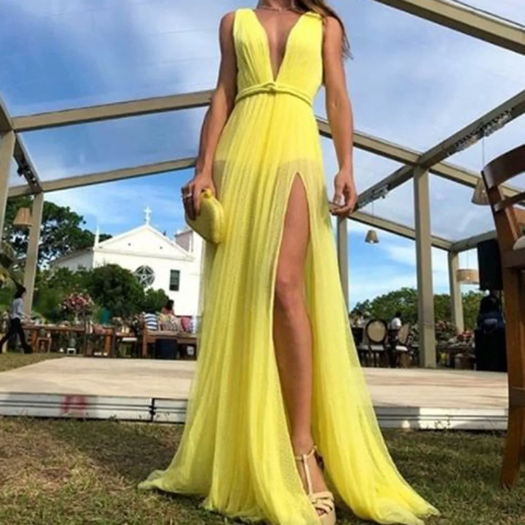 

2019 Fashion Fork Opening Full Dress Women Sexy V-Neck Backless Sleeveless Dresses
