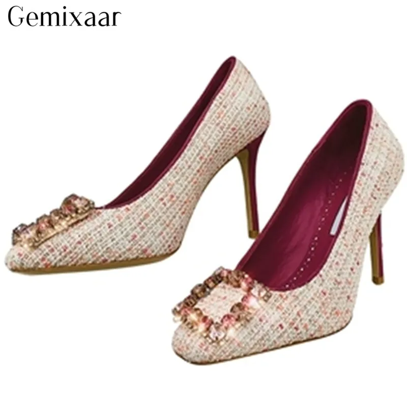 

OL Light Color Slim Shallow Decor Crystal High Stiletto Women Shoes Elegant Square Toe Square Buckle Diamond High Pumps Woman