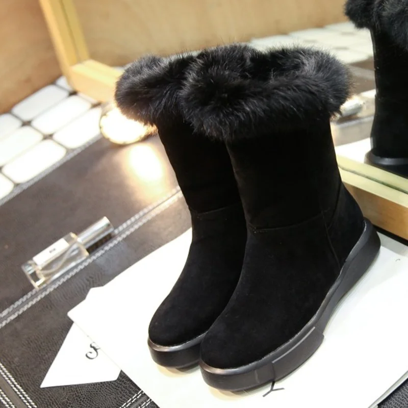EGONERY/зимние сапоги женская обувь зимние теплые сапоги до середины икры на низком каблуке с круглым носком Повседневная обувь с натуральным мехом