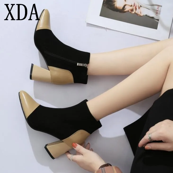 

XDA 2019 Pointed Toe Women shoes Fashion Stitching Ankle Boots Winter side Zipper High Heel Boots Ladies Party short Boots F620
