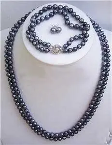 

7-8mm Black Pearl Necklace Bracelet Earring set AKOYA Free shipping