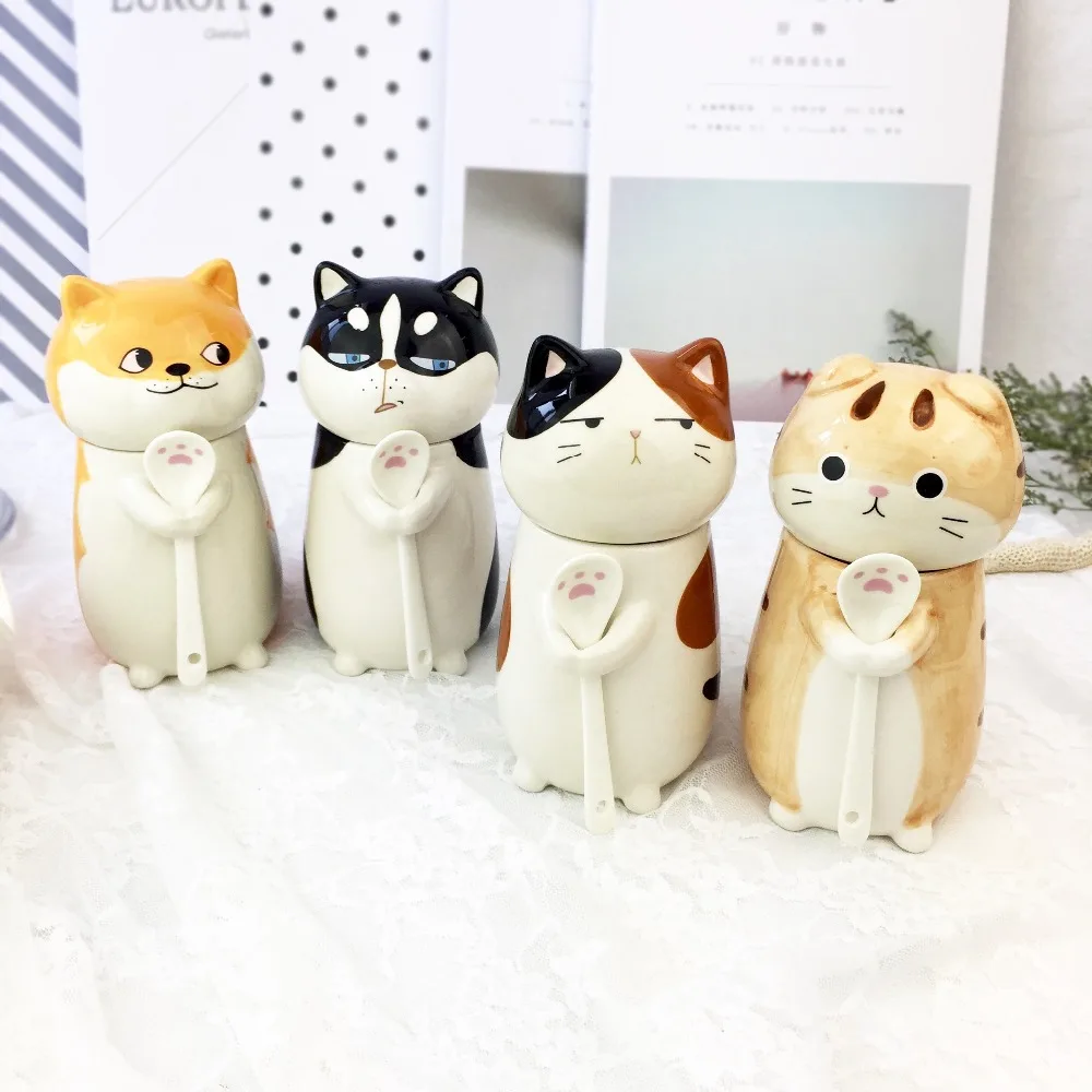 

Cute Creative Cartoon Husky Ceramic Personality Mug with Spoon Office Milk Coffee Tumbler hand-Colored Breakfast Mug