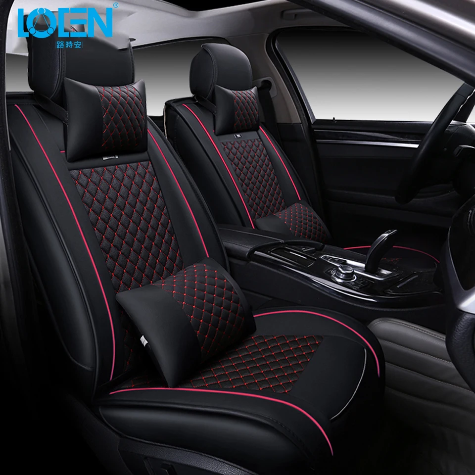 LOEN Leather Universal Car seat cover Front Seat Covers Rear Seat cushion with headrest neck support back support black