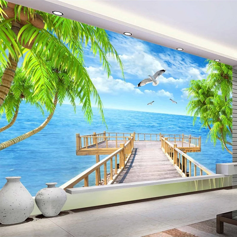 

Custom 3D Mural Wallpaper Seaside Landscape Wood Bridge Photo Wall Painting Living Room Study Space Expansion Papel De Parede 3D