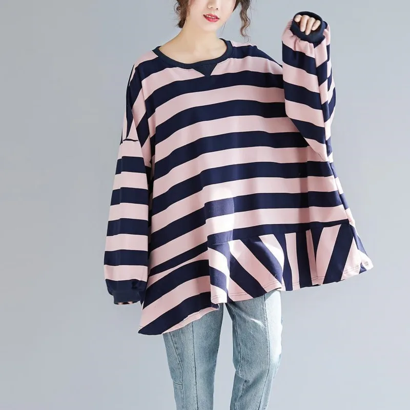 

[EWQ] 2019 Spring New Pattern Round Collar Long Sleeve Striped Patchwork Ruffles Pullvoers Casual T-shirt Women AD42511