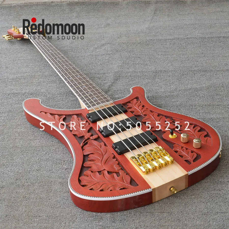Заводские 5 струн рикенбэк бас с резной верх шеи-через тело красный цвет электрический бас гитара музыкальный инструмент магазин
