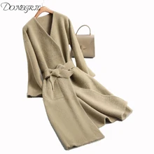 Осень-зима, длинный кардиган, женский свитер с карманами, рукав три четверти, женские зимние куртки, плотное пальто