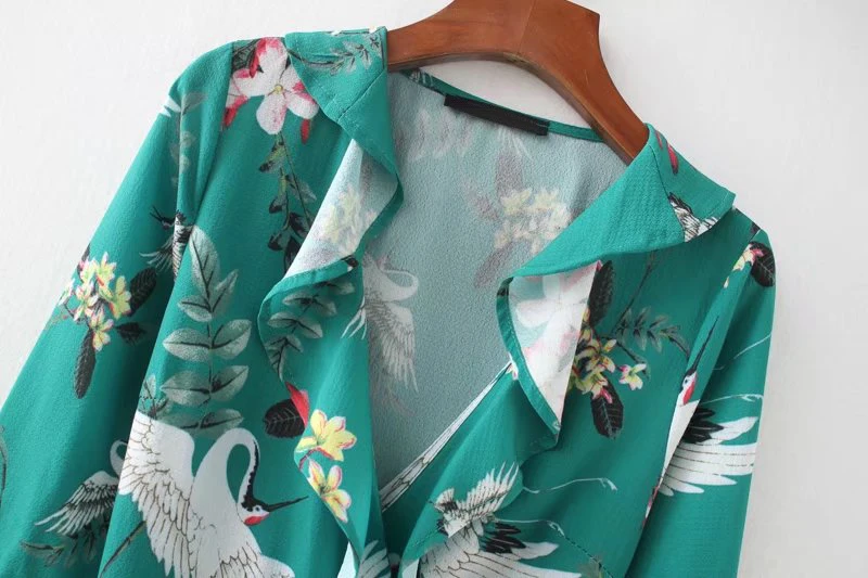Boho Летнее платье для женщин с принтом кранов, с оборками, кимоно, платье, сексуальное, v-образный вырез, рукав три четверти, галстук, талия, миди платье YD8507