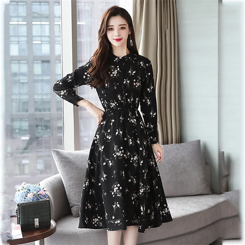 

Spring Autumn Black RertoFloral Chiffon Midi Dress Large Size Boho Dress 2019 Elegant Women's O-Neck Long Sleeve Dress Vestidos