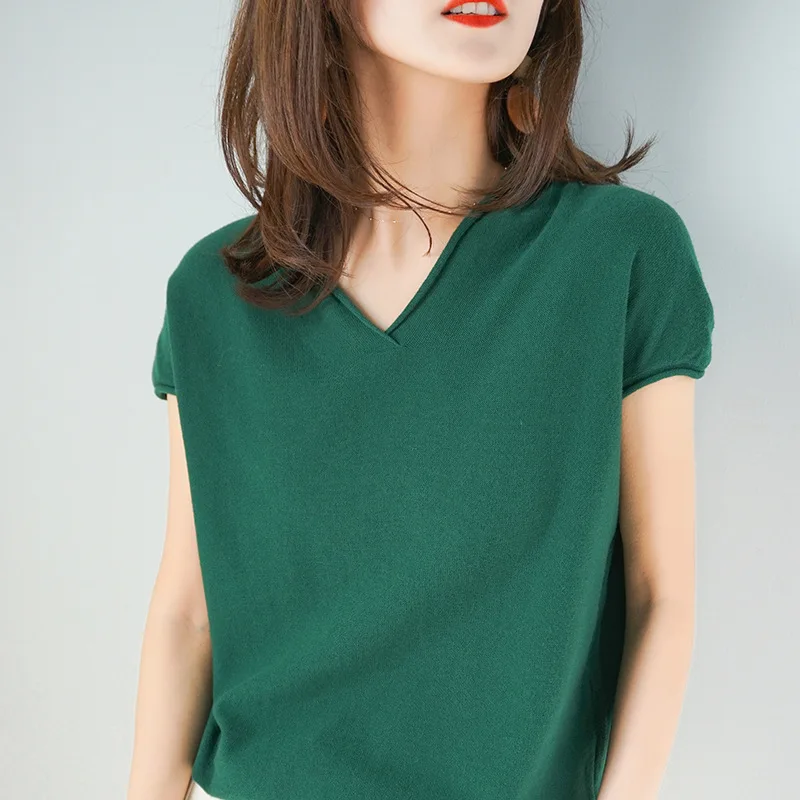 Корейская версия летней хлопковой вязаной футболки с коротким рукавом, женский свободный свитер, нижняя часть с коротким рукавом - Color: Dark green