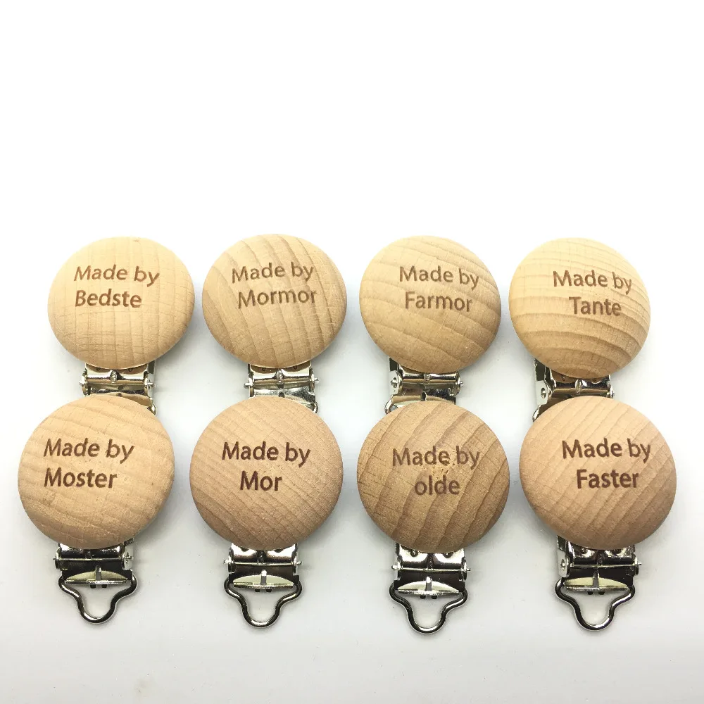 

40pcs Laser Engrave Logo Beech Wood Baby Pacifier Clips Wholesale