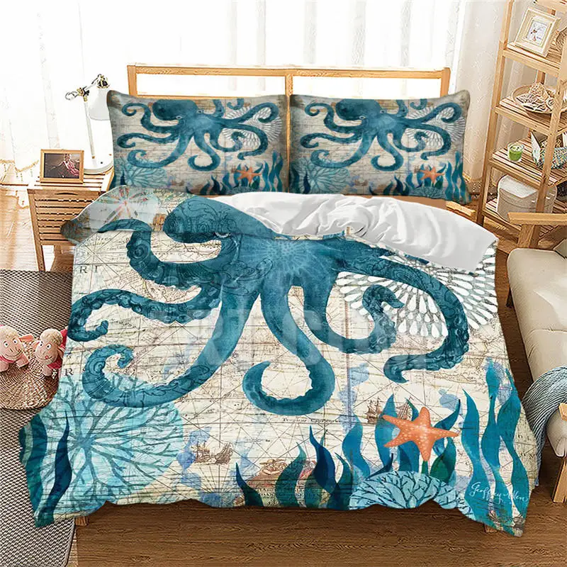 Kids 100 Cotton Sea Print Single Duvet Cover Set 1 Pillow Case