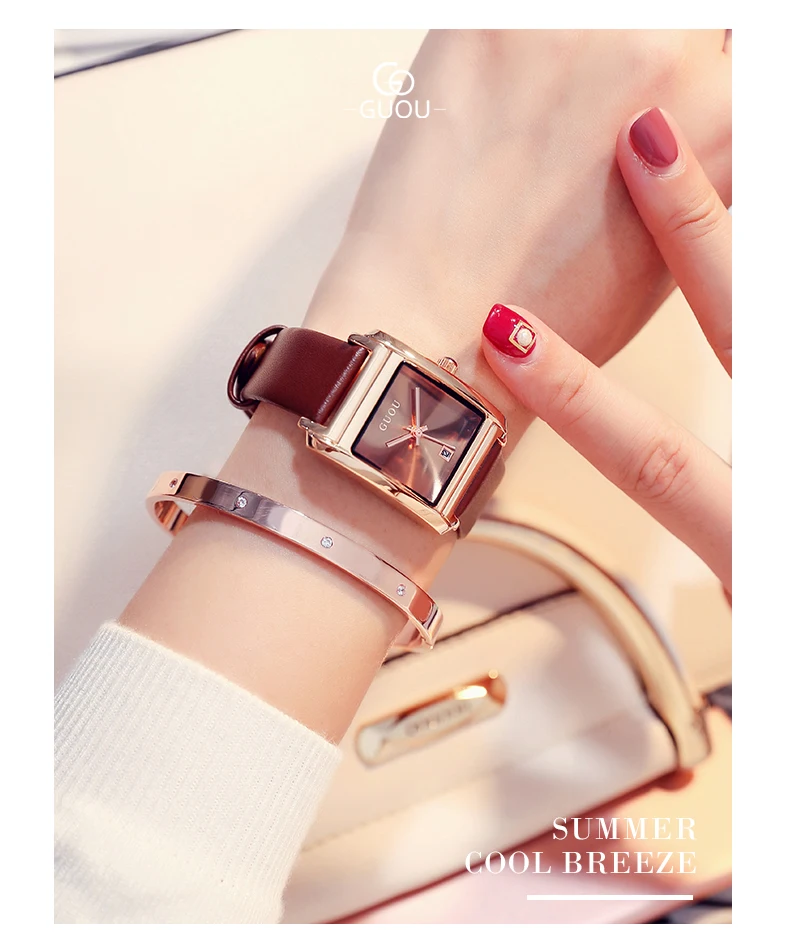 GUOU часы модные кожаные женские часы топ роскошные женские часы прямоугольник Ретро кварцевые часы relogio feminino reloj mujer