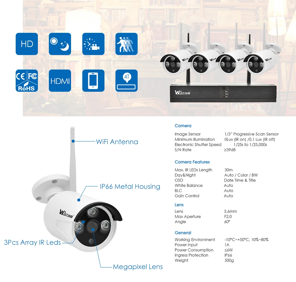 Wistino CCTV Wifi NVR Kits Outdoor Security IP Camera Waterproof IP66 Wireless Video Monitor P2P Surveillance Cameras System Kit XMeye (12)