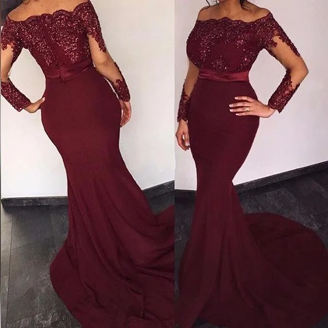 1701-Women African Mermaid Evening Gowns Burgundy Boat Neck Sequins Prom Dresses Sash Long Sleeves Prom Dress 2019 Party Gowns