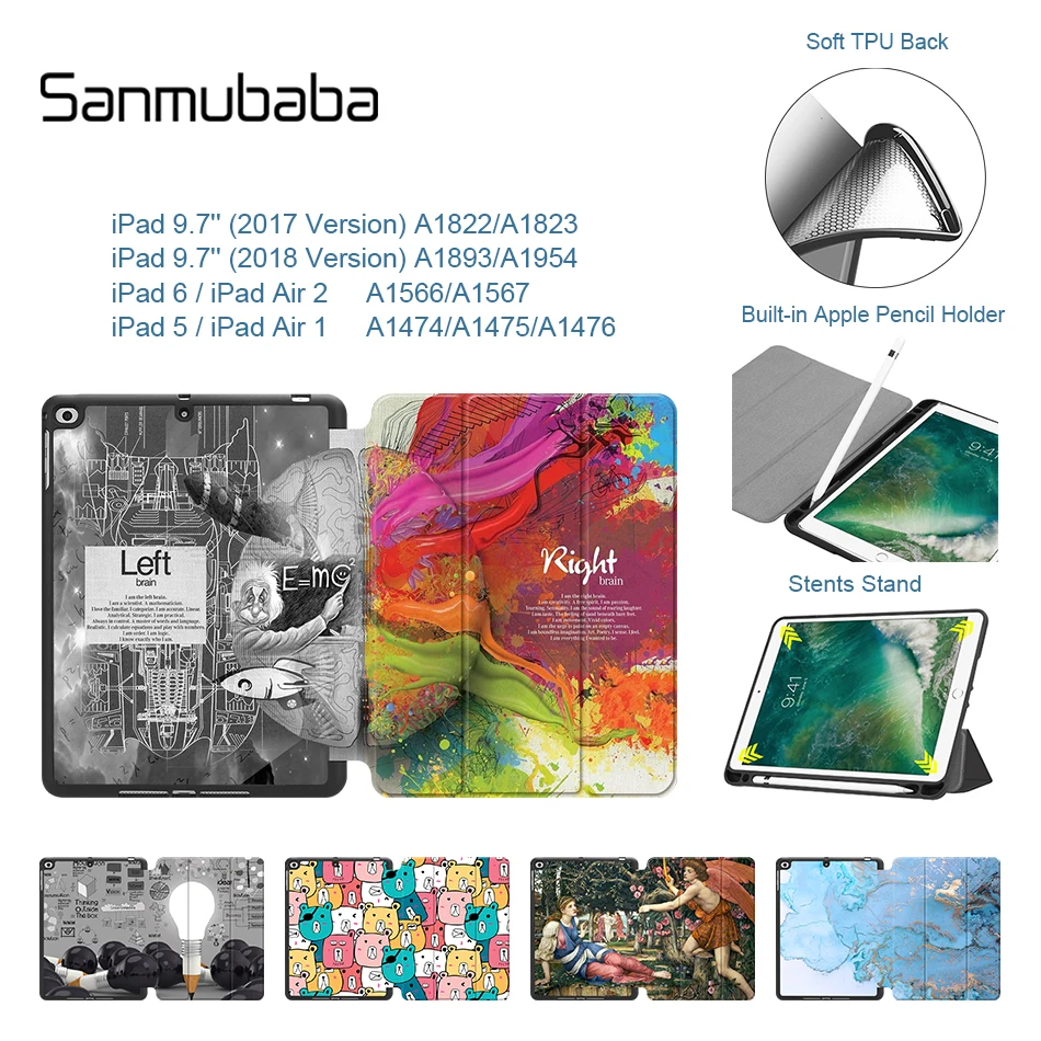 

Sanmubaba For iPad 9.7 inch Tablet Case Soft TPU Back+PU Leather Flip Smart Cover for iPad Air 1 Air 2 funda With Pencil Holder