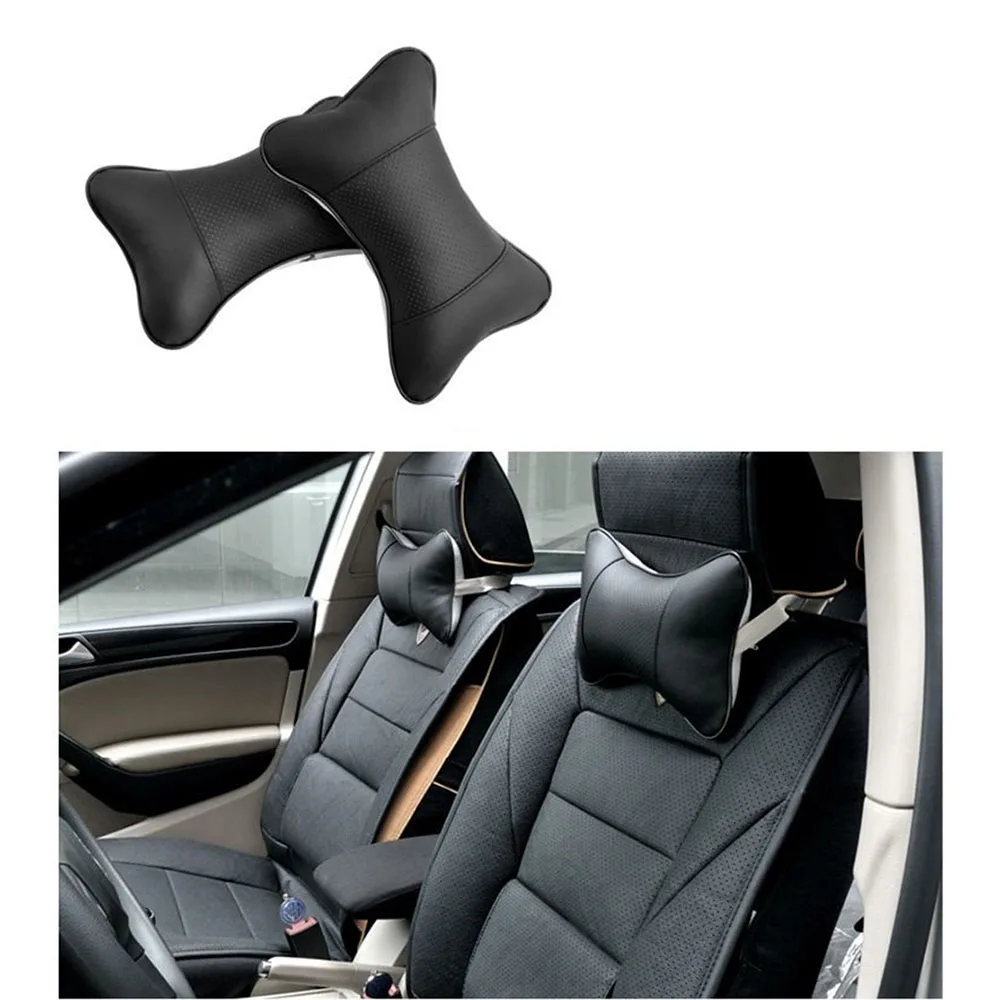

2Pcs Car pillow leather neck headrest super soft Memory foam Auto seat cover head neck rest cushion hole-digging Car headrest