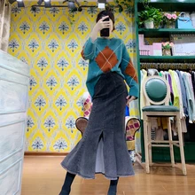 Новые модные длинные макси джинсовые юбки из денима для женщин Stretch Русалка Стиль стрейч Высокая талия серая юбка рыбий хвост