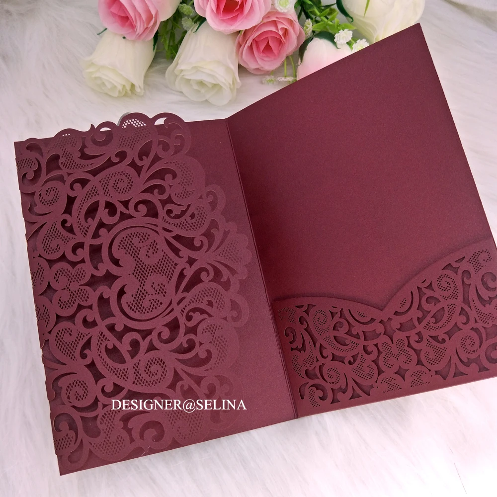 Свадебные приглашения в виде сердца бордового цвета с блестящим дном, 50 шт., вечерние приглашения на заказ