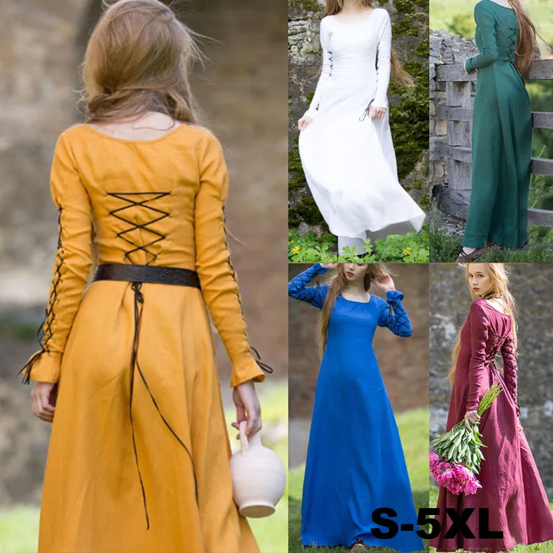 

Medieval Renaissance Casual Costume Elise Bridemaid Dress Women Back Lacing Retro Gown Maxi Boho Dresses For Lady Plus Size