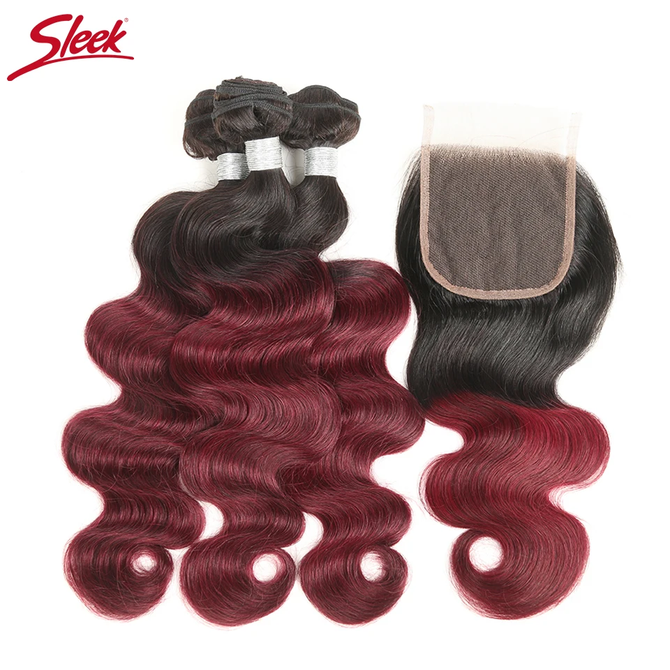 Sleek малазийские волнистые волосы 100% человеческие волосы пучки волос с эффектом деграде (переход от темного к Волосы remy 3 пряди с T1B/99J Кружева
