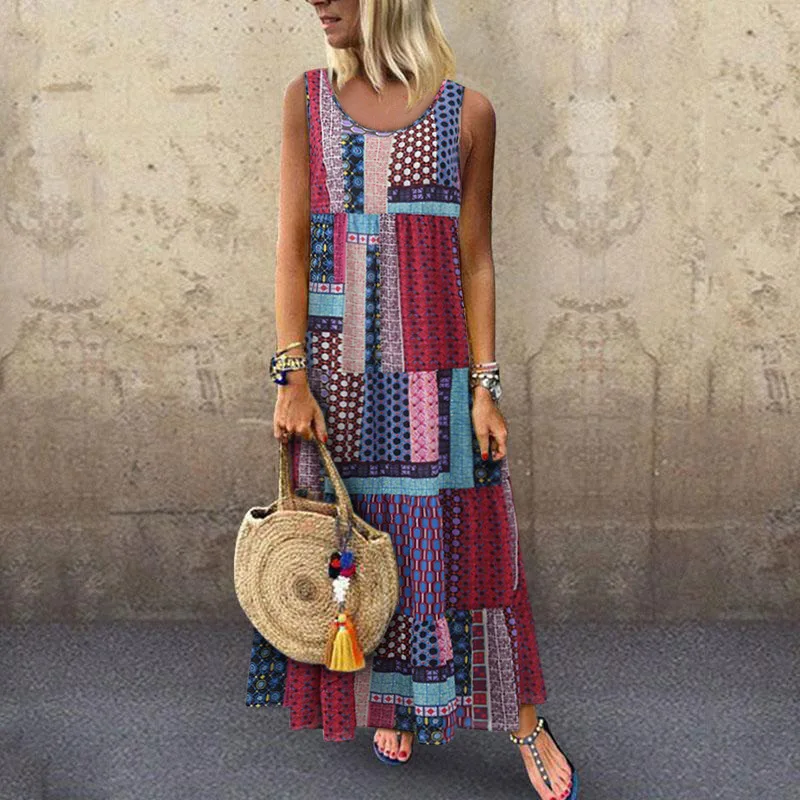 

Plus Size 5XL 2019 New Boho Summer Aline Dress Women Casual Loose O Neck Sleeveless Midi Dress Female Print Dresses Vestidos