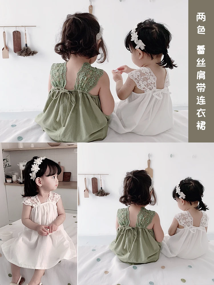

Girls Children Hanging Sling Cotton Princess Dresses 2019 New Summer Lace Collar with Bowtie Casual Loose Solid Color Dress