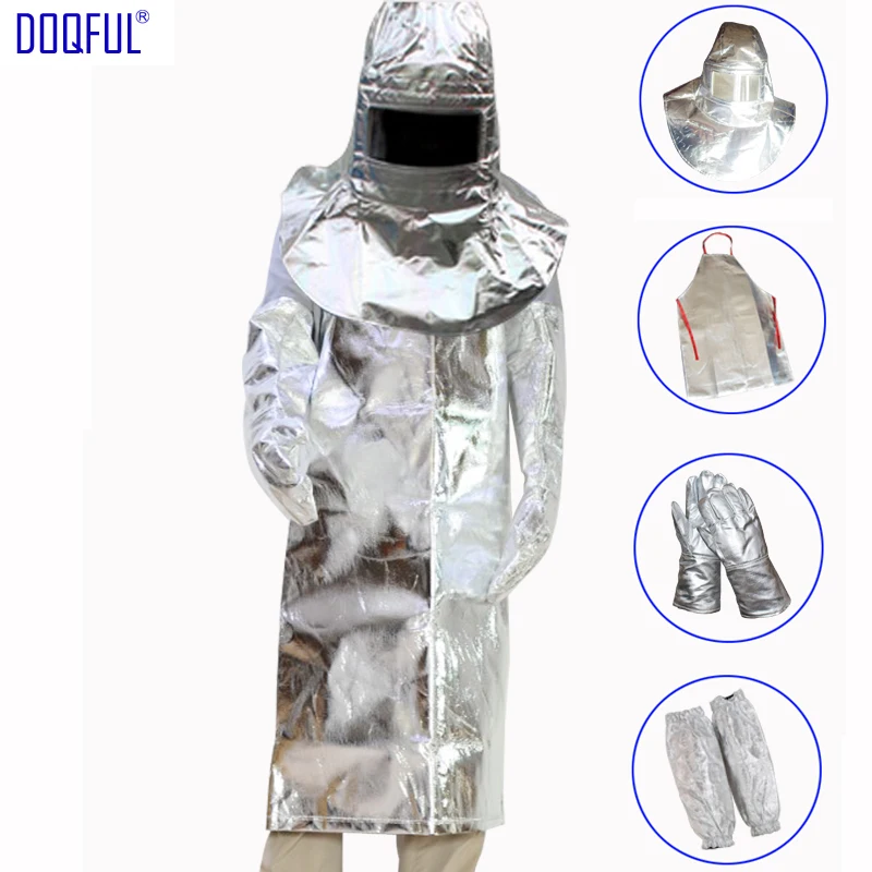 알루미늄 호일 열 복사 보호 세트, 고온, 헤드 커버 에이프런 장갑, 팔 오버슬리브 포함, 섭씨 1000 도 
