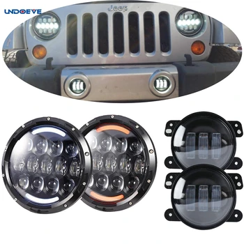 

For Jeep Wrangler 105W Round 7inch LED headlight Projector Lens with DRL / Turn signal light + 4'' inch led foglights Halo Ring