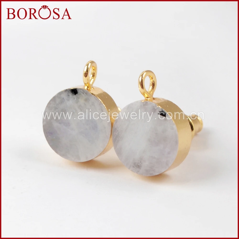

BOROSA 5Pairs Gold Color 10mm Round Natural Multi-kind Stone Stud Earrings with Charm for Earrings Jewelry for Women G1535