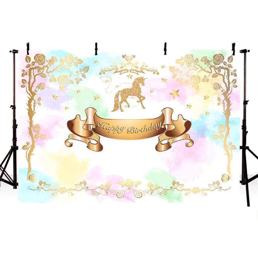 

MEHOFOTO Unicorn Backdrop Children Birthday Party Golden Tree Star Photography Background Photographic Backdrop for Photo Studio