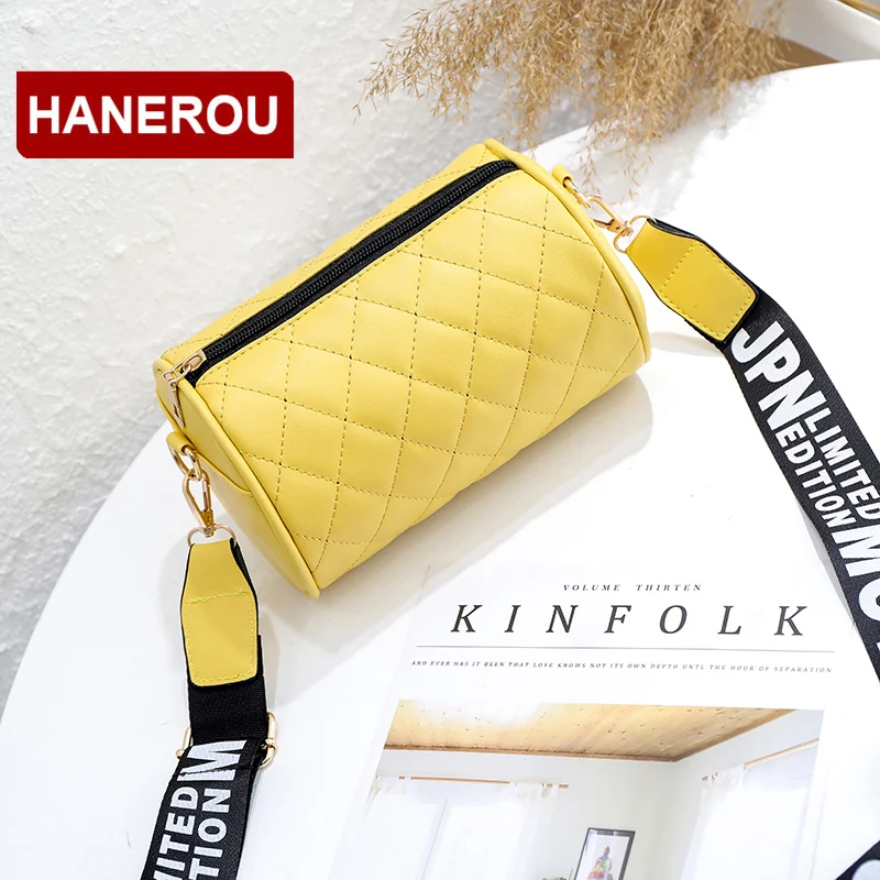 

Diamond Lattice Women Small Shoulder Bag Ladies High Quality PU Leather Cylindrical Bags Wide Strap Messenger Bag For Girl