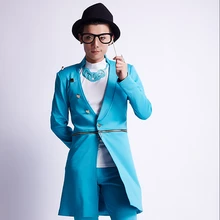 Дизайн синие длинные Стиль Блейзер Брюки для девочек для Для мужчин певица молнии Тощий куртка костюм ночной клуб бар костюмы персонализированные