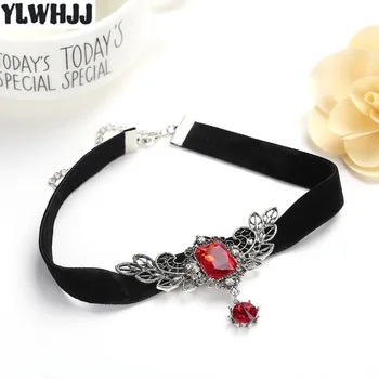 YLWHJJ new women wing crystal red gem choker necklace girl torques brand rhinestone short metal choker hot fashion black jewelry