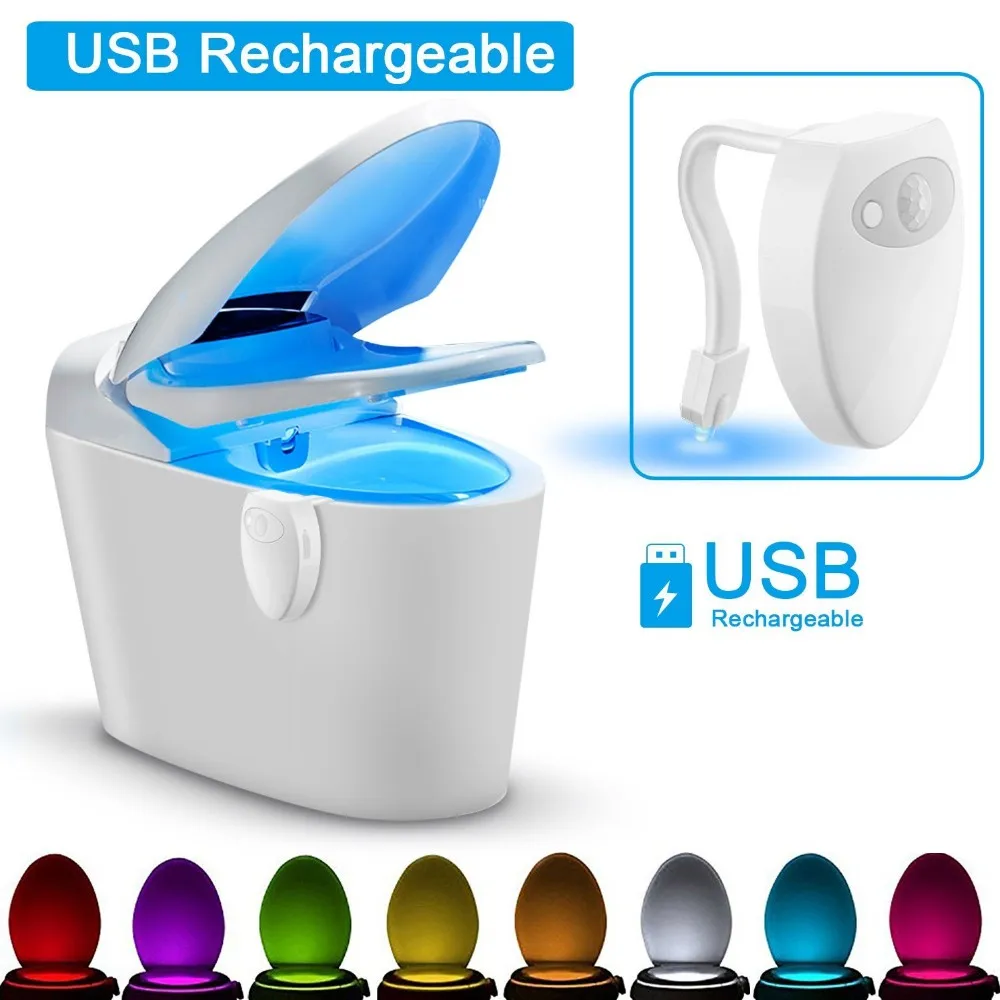 USB Rechargerable Motion Sensor Toilet Light WC Lamp USB Backlight For Toilet Bowl 8 Light Colors Seat Sensor Motion Sensor Light LED Night Light