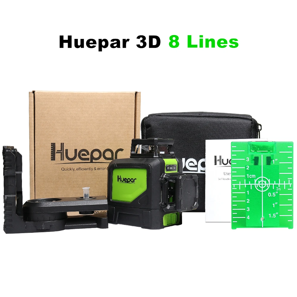 Huepar 3D 8 Линейный лазерный уровень 360 наливный 3D лазерный уровень 902CG зеленый луч Мощный лазерный луч