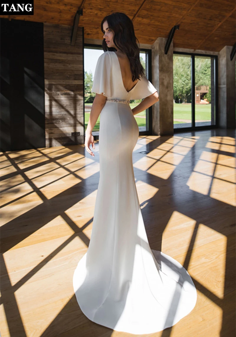 

Sexy Women Deep V Neck Backless White Tail Dress New Package Hip Bodycon Slim Fishtail Dress Half-sleeve Party Prom Maxi Dress A