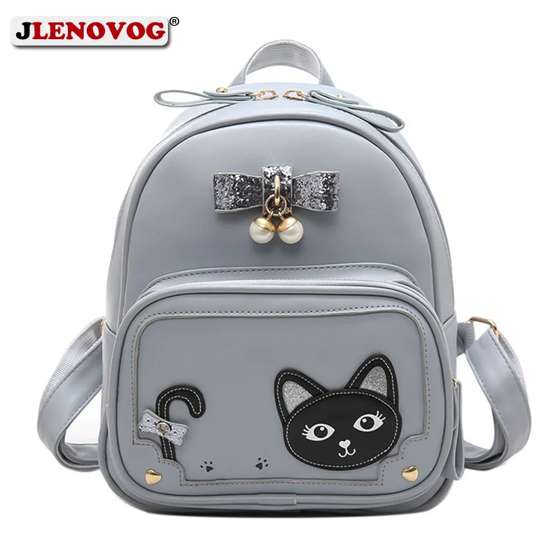

Kawaii School Backpack Girls Kids Cat embroidery Shoulder bag With Peal Bow decoration Lady BlackPink Mini Daypack Rucksack