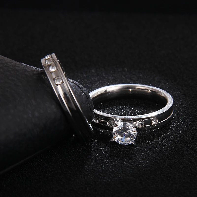 CACANA Stainless Steel Wedding Ring For Lovers IP SILVER Color Crystal CZ Couple Rings Set Men Women Engagement Wedding Rings