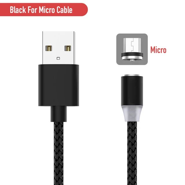 Магнитный светодиодный кабель в оплетке type-C Micro USB Магнитный usb кабель для зарядки Apple iphone X 7 8 6 Xs Max XR samsung s9 шнур - Цвет: Black for Micro