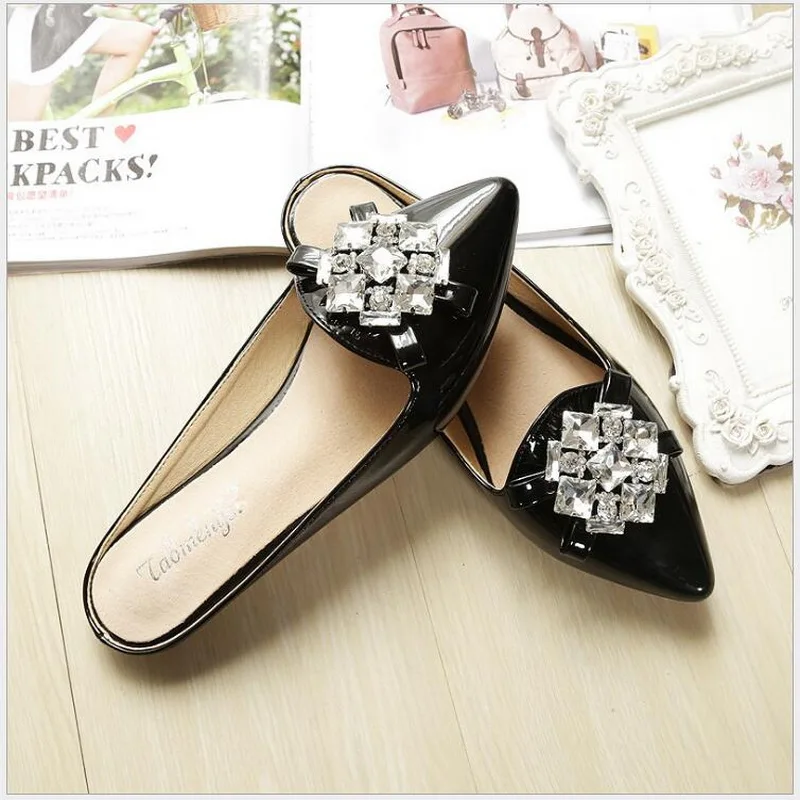 

RUSHIMAN Brand 2021 Patent Leather Rhinestone Pointed Toe Flat Woman Slippers Baotou Loafers Mules Flip Flops