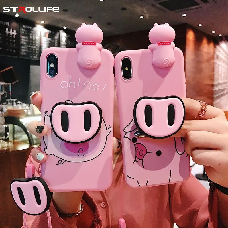 

STROLLIFE Round Piggy Phone Case for iPhone X XS Max XR Cute 3D Cartoon Cover for IPhone8 6s 7Plus With Lanyard Pig Nose Bracket