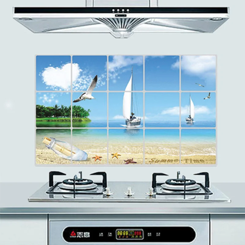 Waterproof Aluminum Foil Kitchen wall stickers Home Decor tile decoration cabinet stickers Flowers Ocean Seagulls