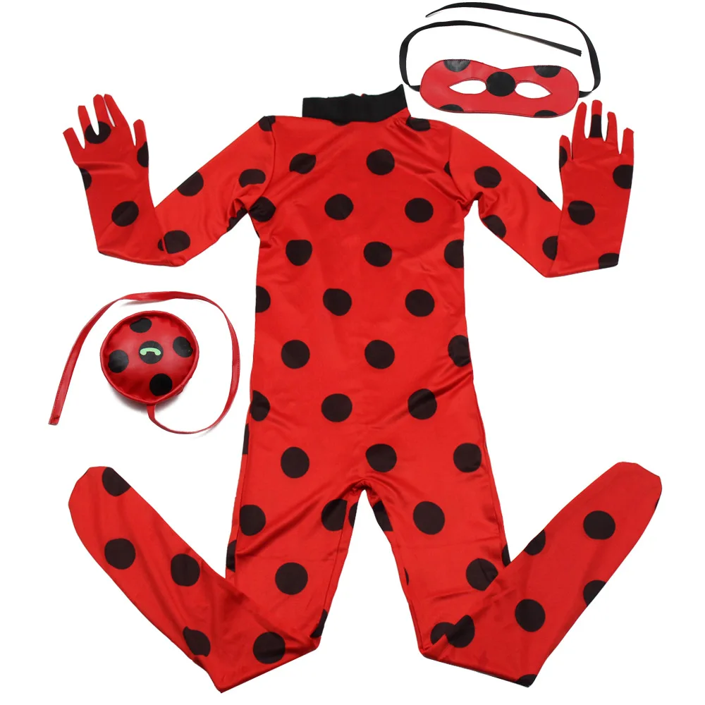 

Ladybug Girl clothes Kids Marinette Cartoon Second Skin Halloween Party costumes Suit cosplay costumes+mask+bag
