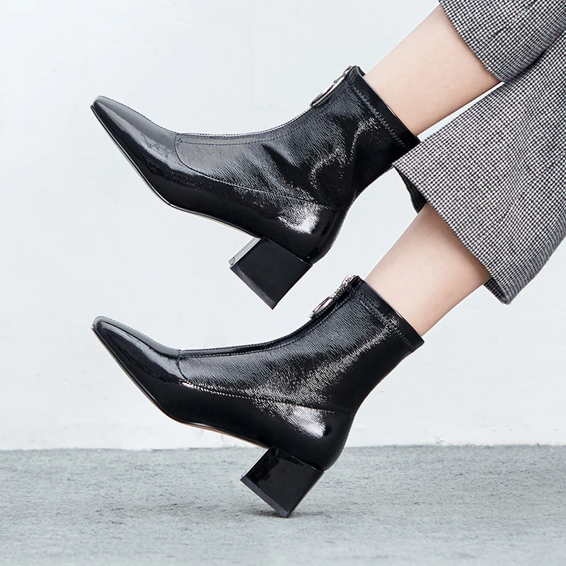 Skup Vangull ins gorące kobiety botki moda Handmade elastyczny patent leRetro kwadratowe krótkie buty zamek błyskawiczny z przodu platformy Martin buty