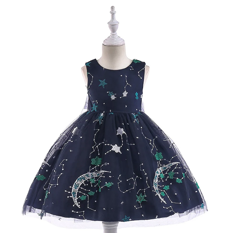 

New Starry Series Girls Princess Dresses Embroidery Moon Stars Mesh Dress With Bow Girls Artist Program Costume Crianca Vestidos