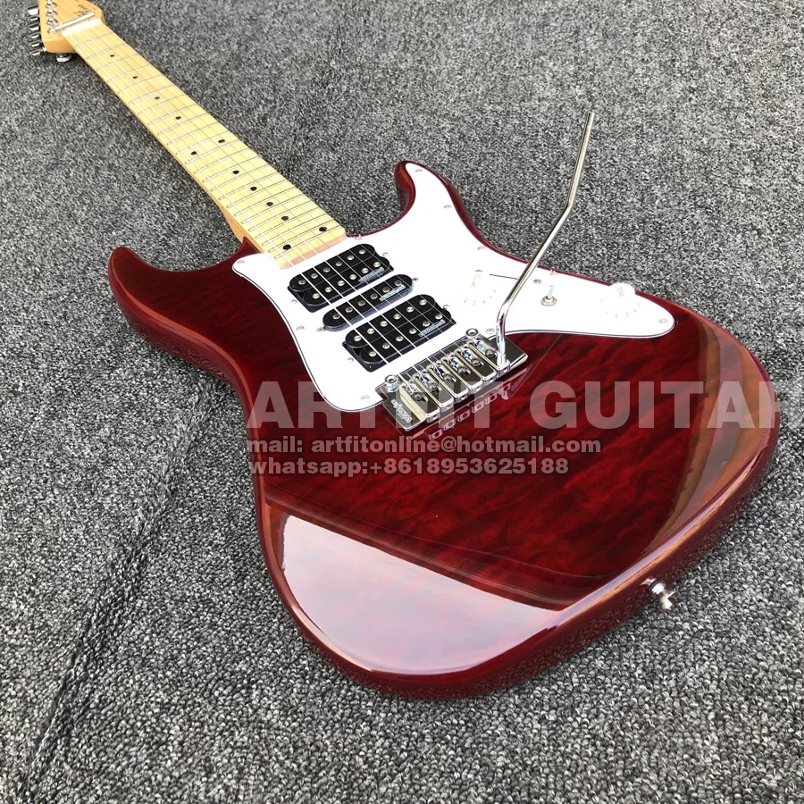 Wine Red Quilted Maple Top Wilkinson Pickups Tremolo Bridge Coil Split M6 Locking Tuners 6 String Clean Sound Stratocaster Electric Guitar (4)