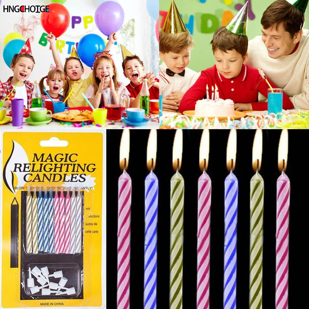 10Pcs Magic Relighting Candles for Birthday Fun Party Cake Boy Girls