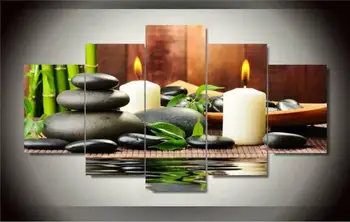 

5 Panel Wall Art Botanical Green Feng Shui White Candle Wall Painting On Canvas Wall Pictures For Living Room Wall Decor F/1353
