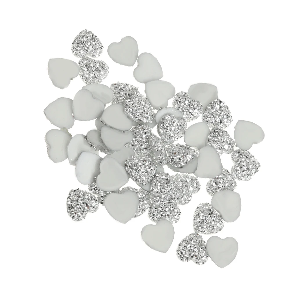 50pcs Silver Resin Rhinestone Heart Flatback Embellishments for Scrapbooking DIY Crafts Accessories 